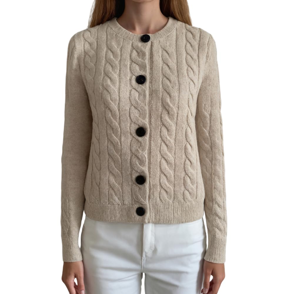 Womens Cashmere and Merino Wool Blend Cable Knit Button Front Cardigan Sweater Long Sleeve Thick Knit