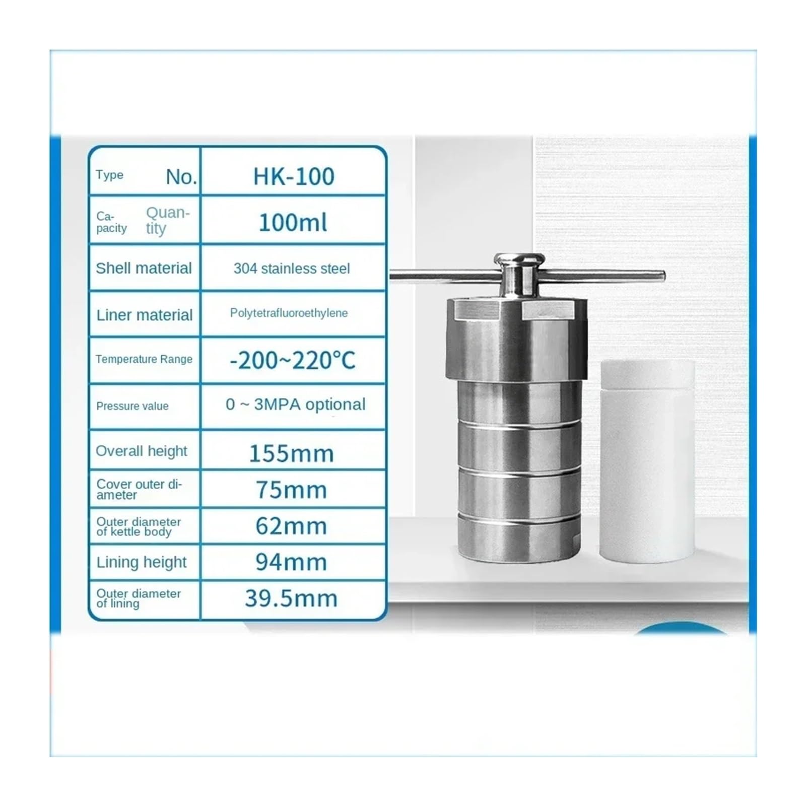 Reactor de síntesis hidrotermal, Reactor de síntesis hidrotermal Laboratorio, pequeño Reactor Revestido PTFE Acero Inoxidable, 100mlf(50ml)