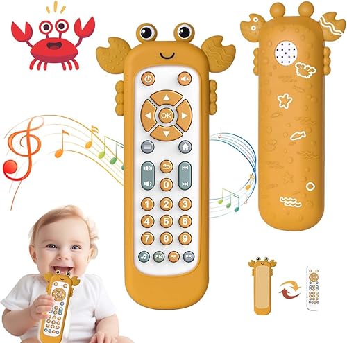 Juguete de control remoto para televisión para bebé con lindo cangrejo de silicona suave, juguete de dentición realista para bebé, juguete musical