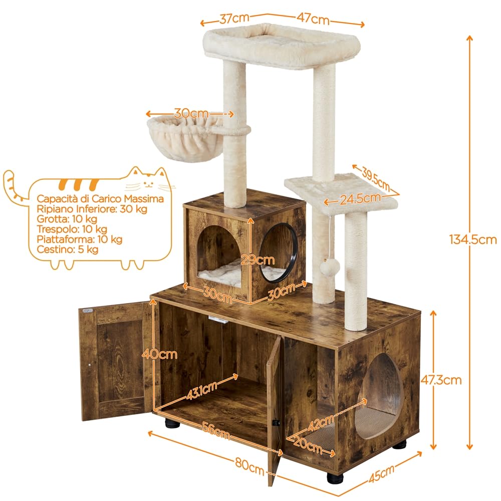 Yaheetech Albero Tiragraffi per Gatti 134,5 cm Mobile per Lettiera Multifunzionale Tutto in Uno Sisal Posatoio Condominio in Legno Marrone Rustico/Beige