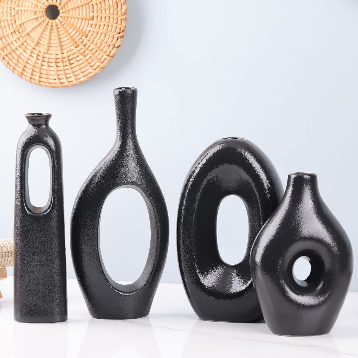 Set di 4 vasi rotondi in ceramica nera Per decorazione di erba e fiori della pampa Vasi moderni e minimalisti per soggiorno, camera da letto, camino e tavolino da caffè