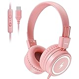 Picture of Kid Headphones for School, USB Type C Kids Headphone with LED Lights, Wired Boys Girls Headphones with Safe Limiter 85dB/94dB, Foldable On Ear Headphones with Microphones for Girls, Boys, iPad-Pink