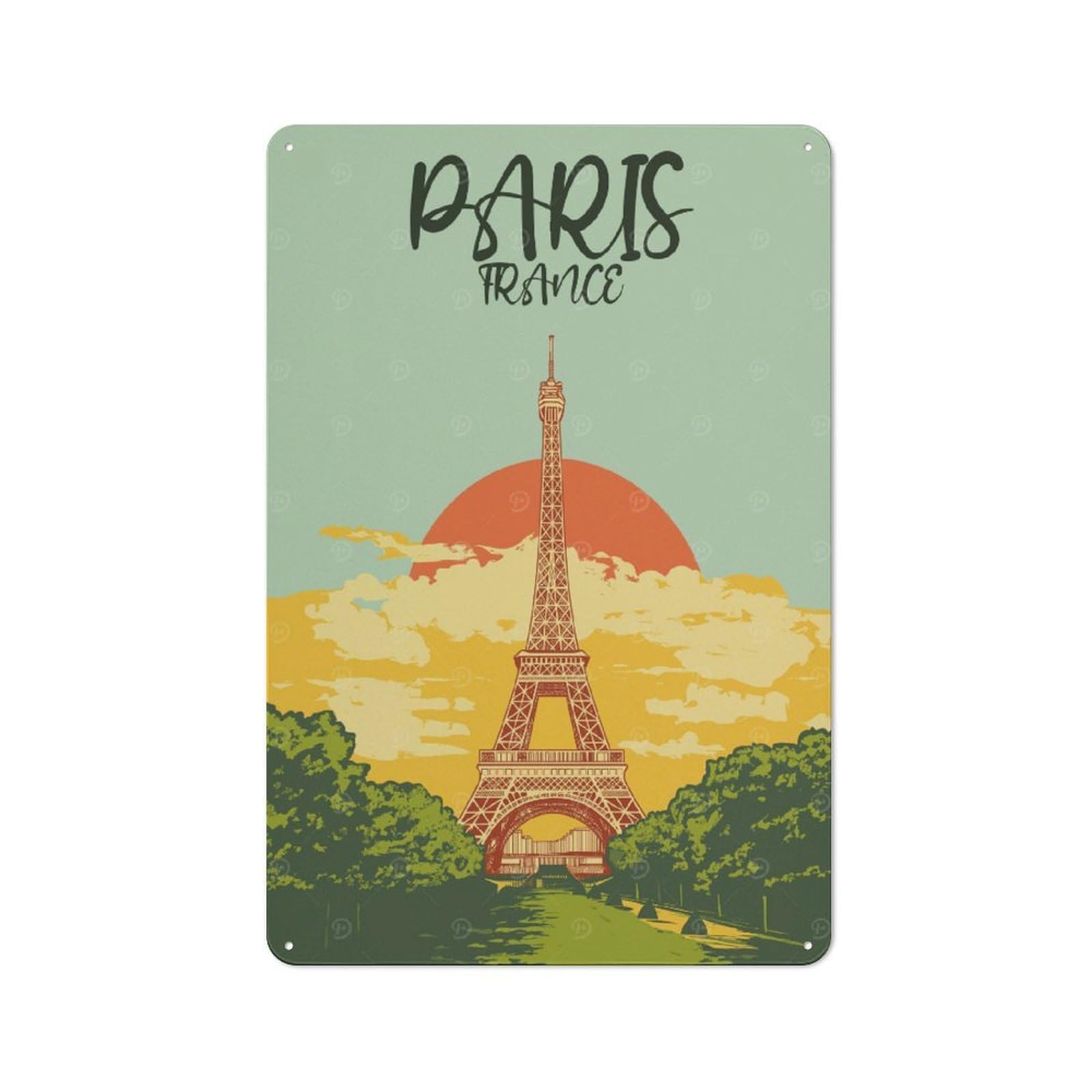 Junmoney Original Eiffel Tower Sunset Art Decorative Tin Sign With Design 30X20cm, Nostalgic Old Style Wall Plaque For Living Room, Hallway, Kitchen Or Cafe