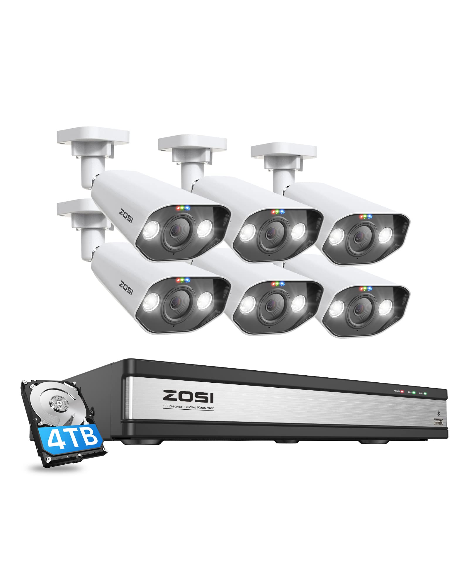 ZOSI 4K 16CH Spotlight PoE Home Security Camera System,6pcs 8MP Wired PoE IP Cameras,Night Vision,Human Detection,Sound&Light Alarm,2-Way Audio,