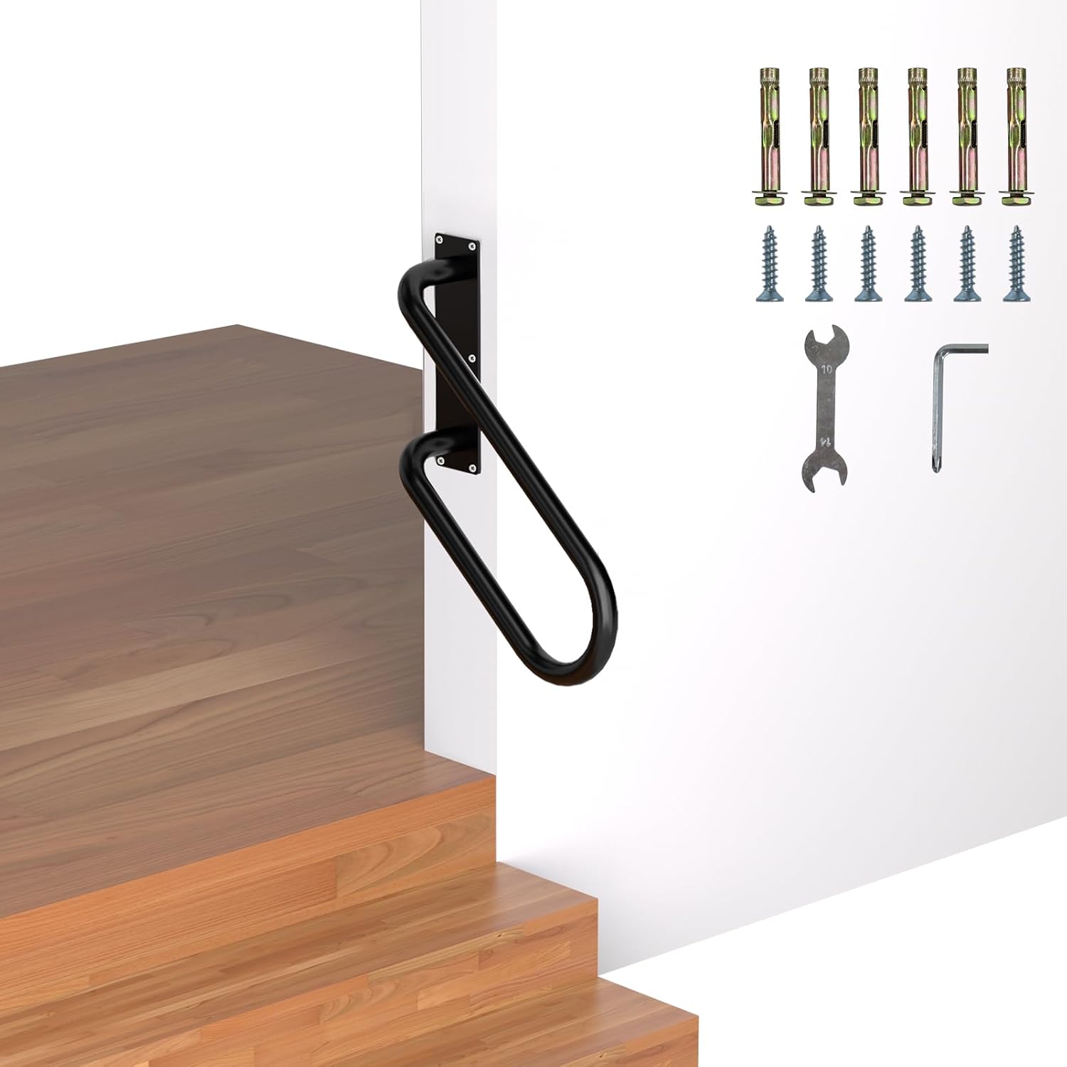 Jamb Mount Handrails for Outdoor Steps-1-2 Step Waterproof Stairs Railing-Powder Coated Side Mount Hand Rails for Indoor Stairs-Non-Slip Staircase Grab Rail for Deck/Porch/Mobile Home/Short Stairway Right Side-Black