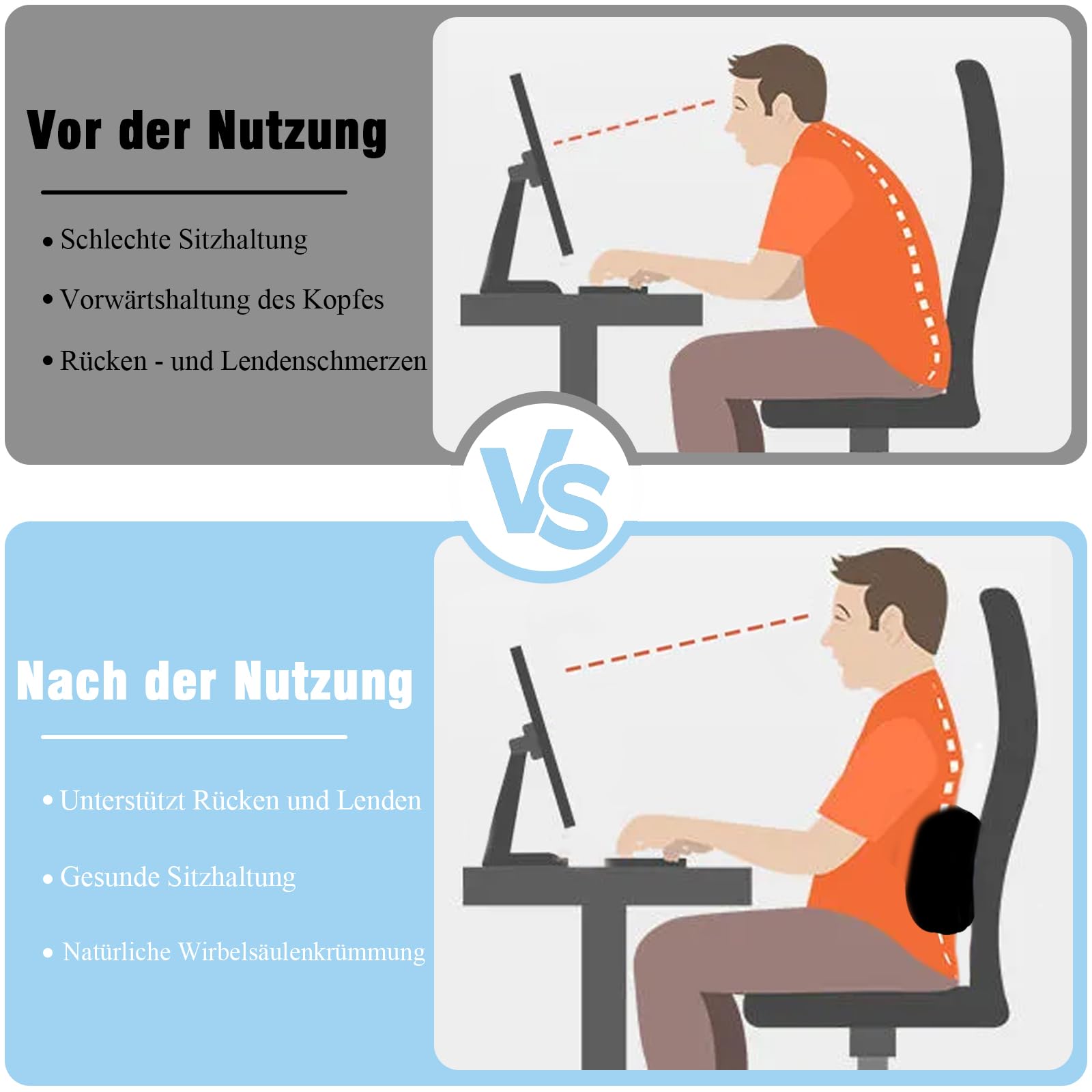 Lendenwirbelstützkissen Für Bürostuhl – Memory-Schaum, 40x14x50 Cm