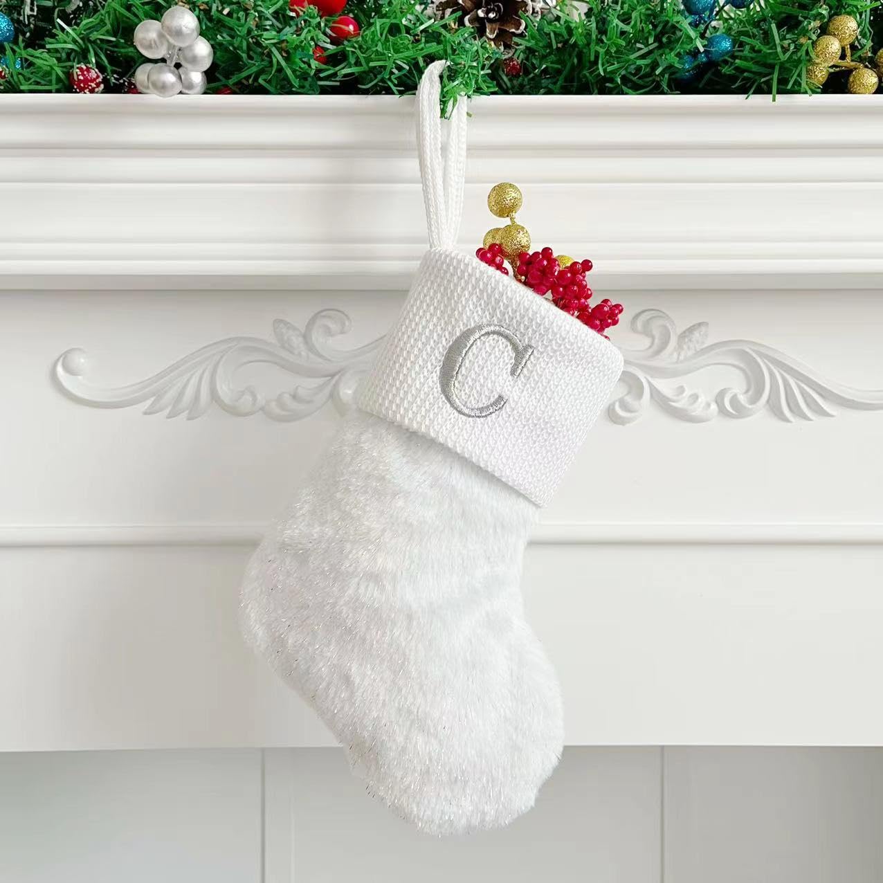 Initial Letter Christmas Stocking White Snowflake Knitted Christmas Tree Stockings Decorative Sock Hanging Ornament for Mantel Fireplace (White C, 10inch)