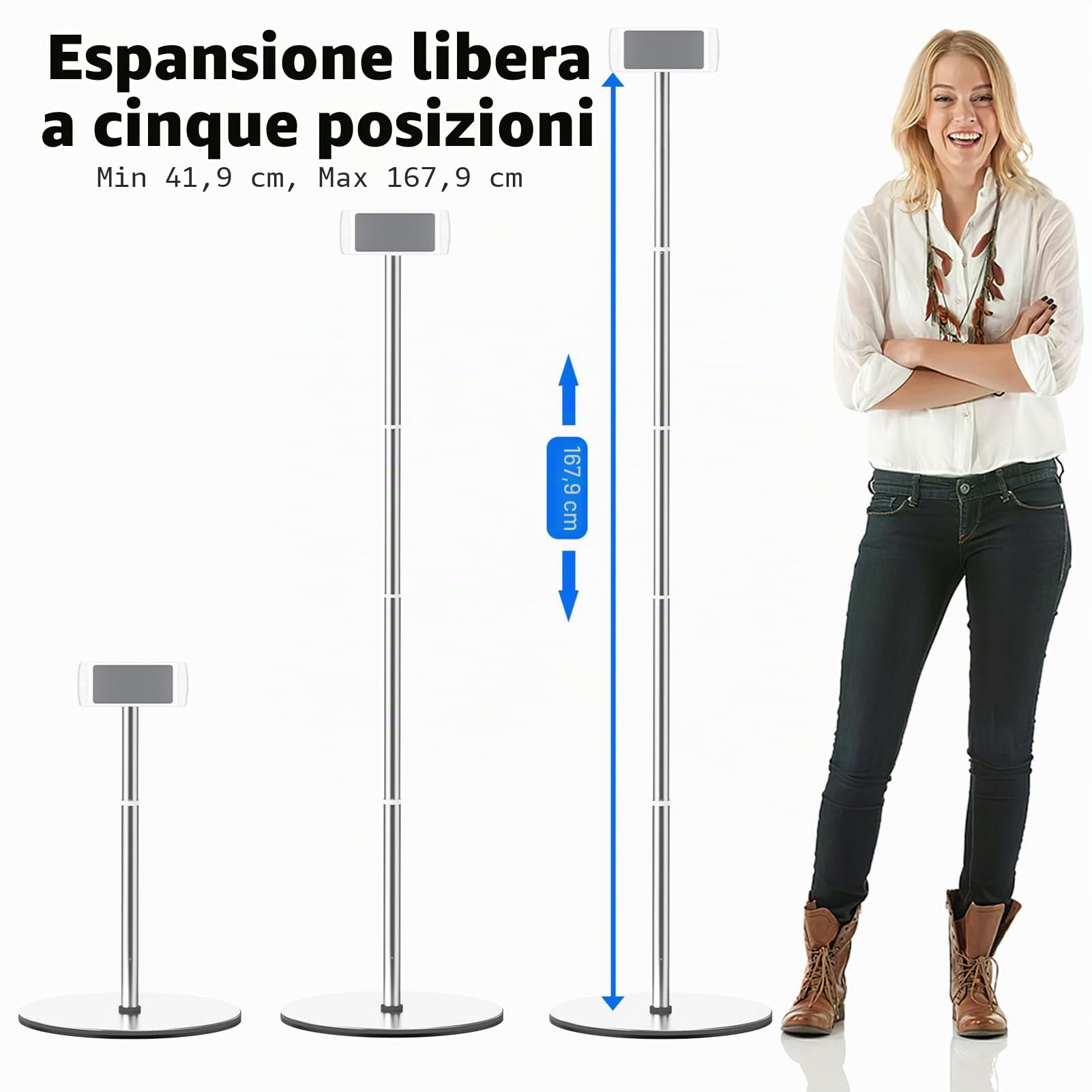 Supporto da pavimento per tablet, altezza 167,9 cm, regolabile, supporto per tablet per iPad, iPad Pro, iPhone, Samsung, Kindle o dispositivi da 4,7-12,9 pollici