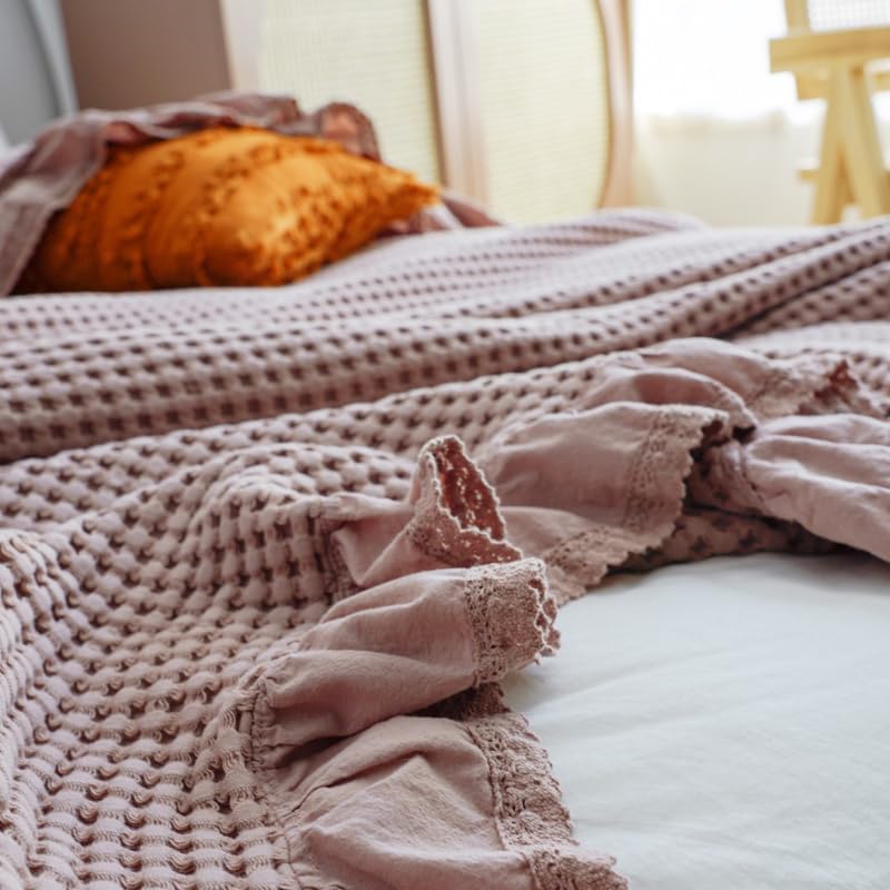 Waffeldecke aus 100% Baumwolle, Rosa, 200x230 cm, mit Rüschen, Ganzjahresdecke für Bett und Sofa (Nussbraun‑Rosa, 200 * 230cm)