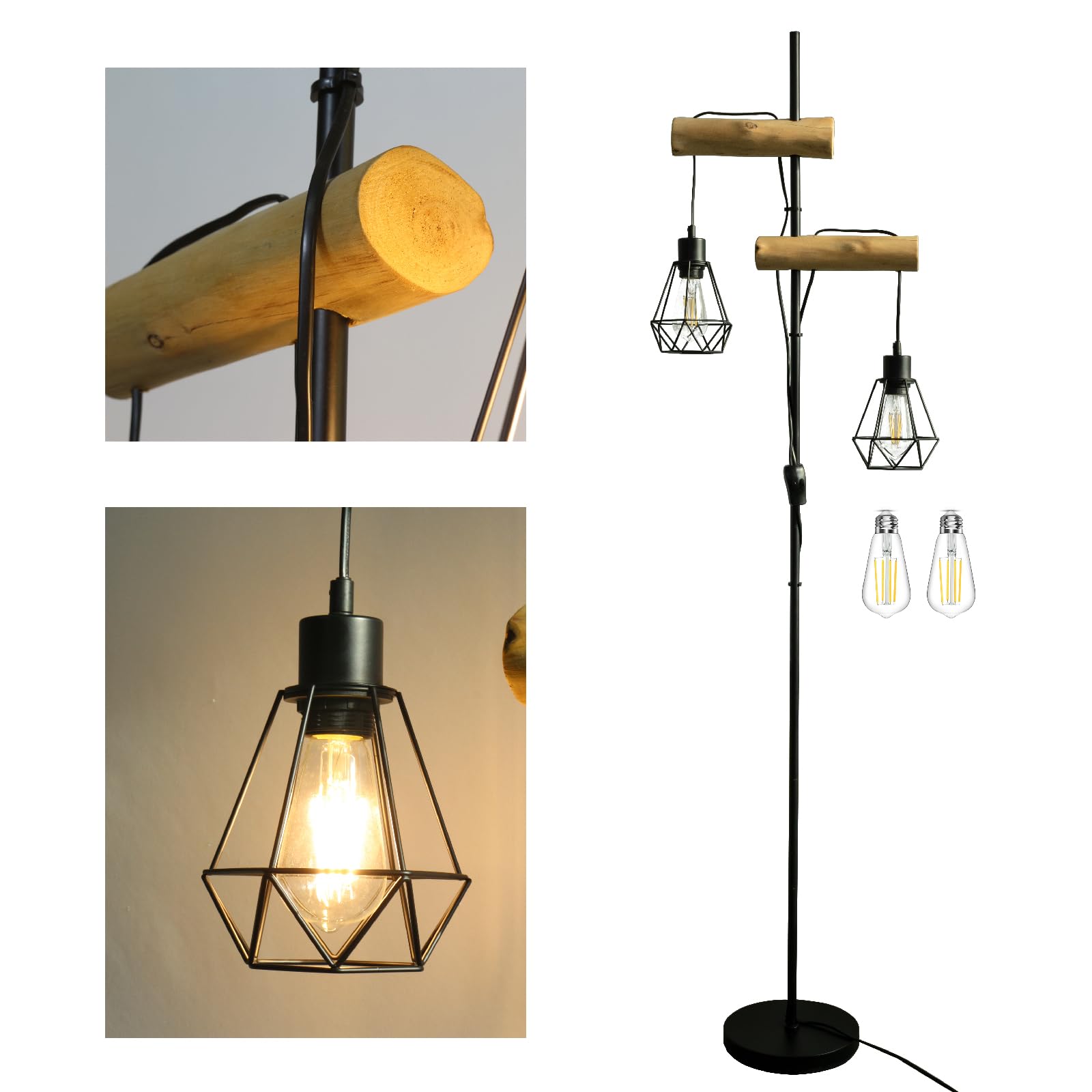 Industrielle Stehlampen 2-flammig E27 LED Glühbirne, Vintage rustikal Design mit Natür Holz und Schwarzem Metall, für Wohnzimmer esszimmer flur