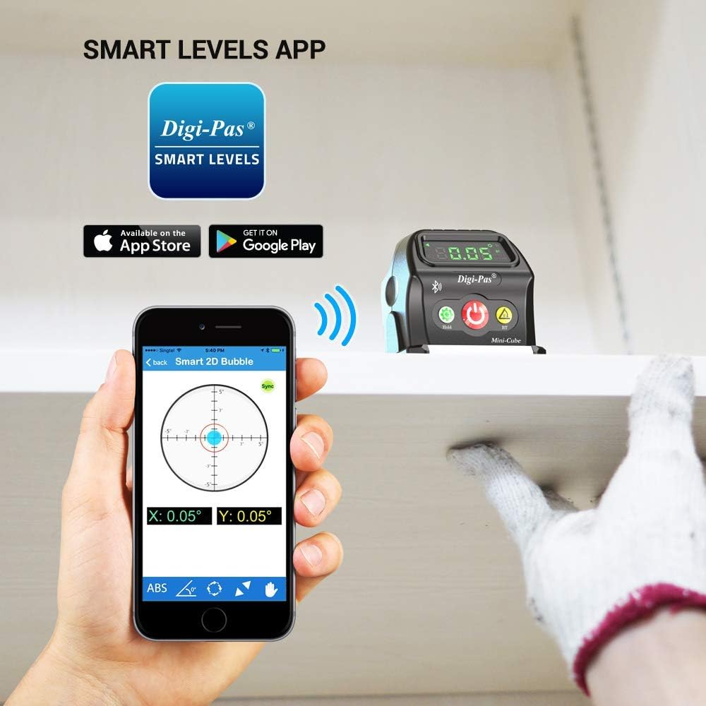 Digi-Pas 2-Axis Smart Cube Level, DWL-90PRO, WIRELESSLY displays leveling status on smartphone via BLUETOOTH, black, Small, Model: DWL90Pro