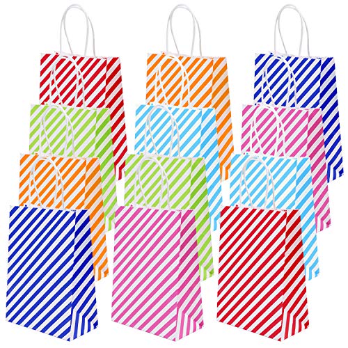 Tupa 30 Pieces Kraft Paper Party Bags Sideling Stripes Bag Candy Bags Birthday Gift Bags with Handle for Gift, Tea Party, Wedding and Party Favor, 6 Colors