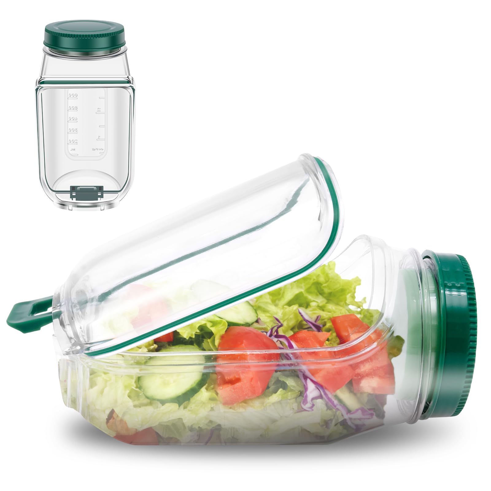 YUNYOUC 700ml Salad Pod, Vertical Layering Salad Jar with Side Opening, Built-in Bowl Design, Reusable Vegetable Fruit Container, Fresh Salads Storage for Lunch, Fruit(Green 1Pcs)