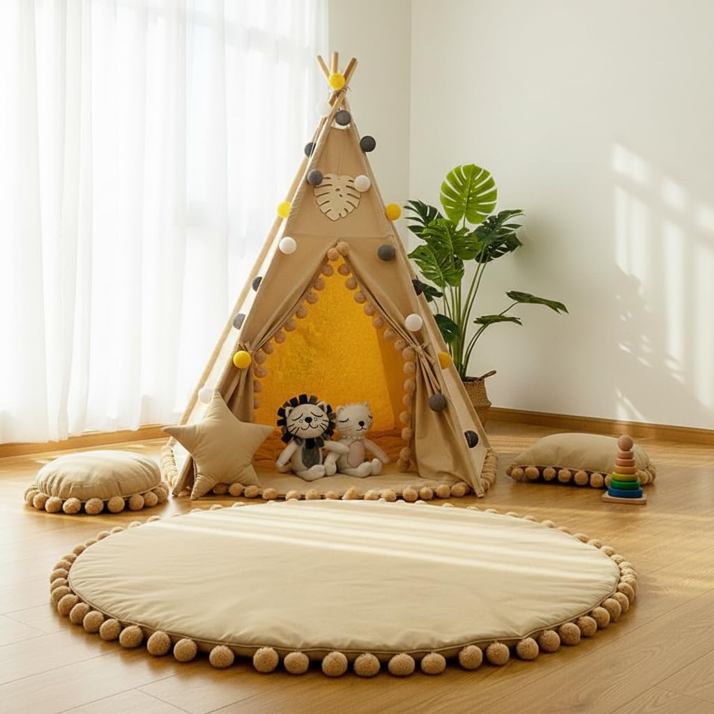 Tipi Zelt für Kinder – Stilvolles Kinderzelt Indoor aus Baumwoll-Canvas mit Bodenmatte – Gemütliches Spielzelt für Kinderzimmer