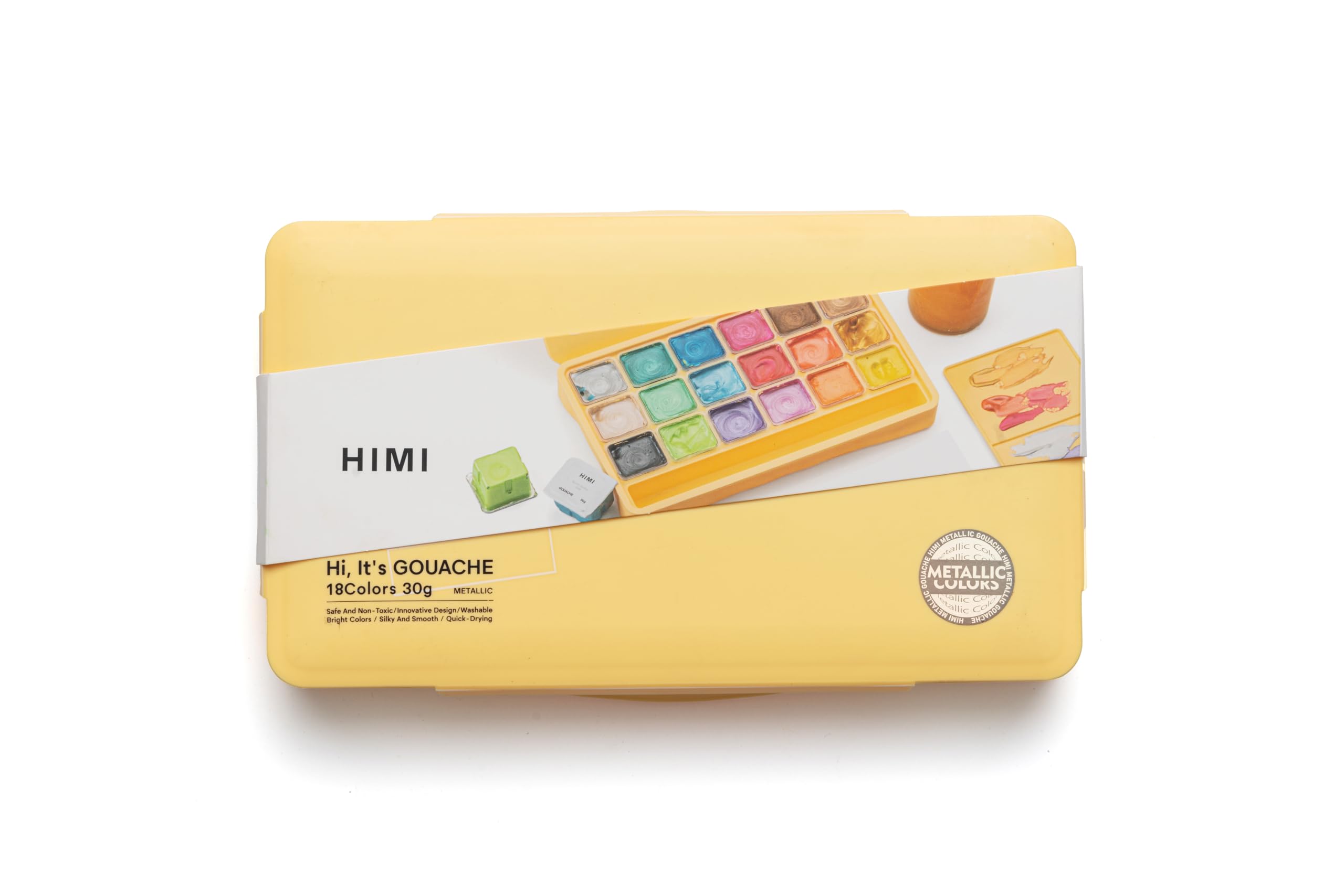 HIMI Jelly Cup Gouache Set di 18 colori di vernice, 3 pennelli, tavolozza di vernice, custodia gialla metallica, aggiungere acqua per riattivare, liscia, colori ricchi, regalo, forniture artistiche