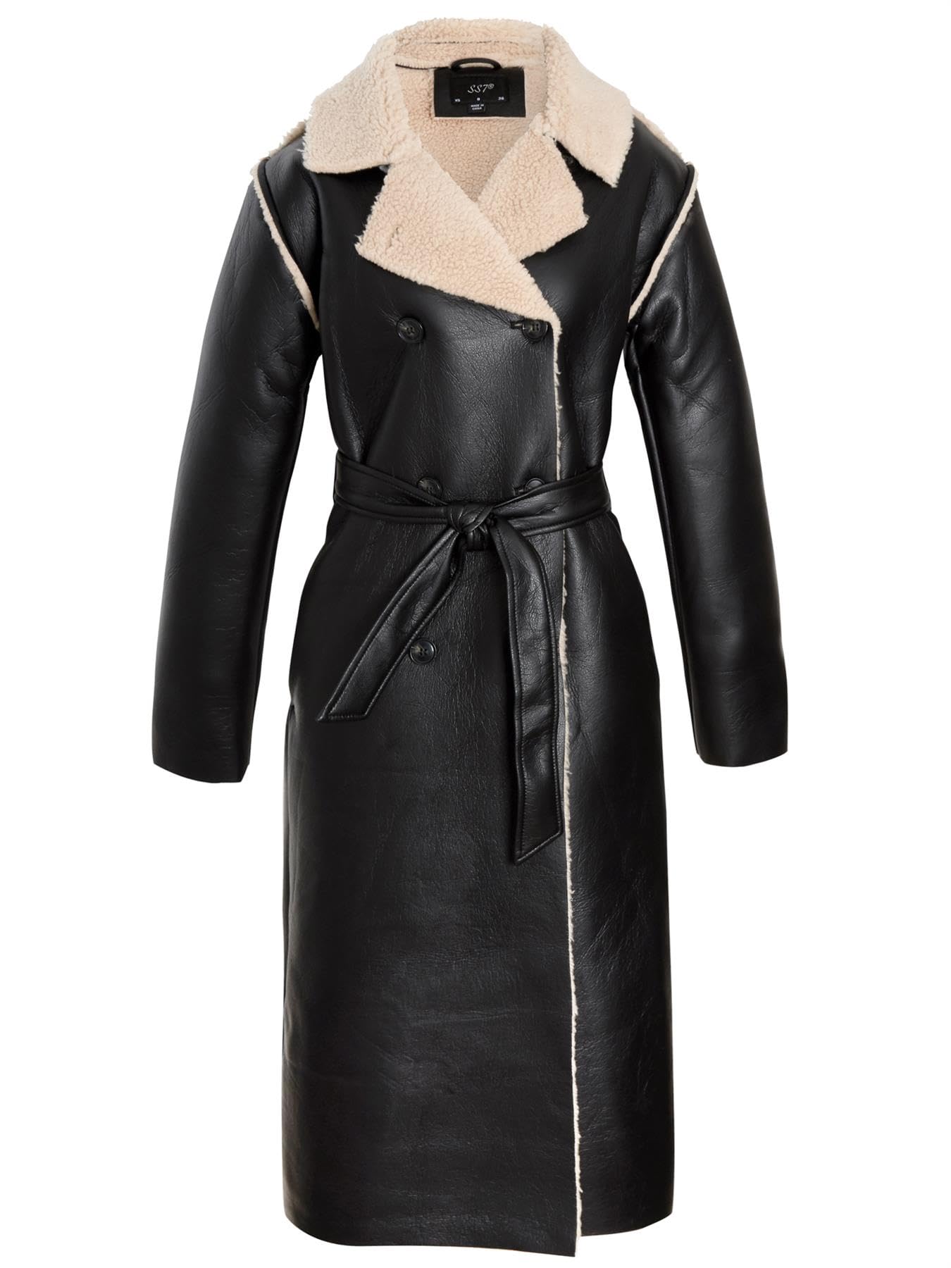 SS7 Womens Shearling Lined Trench Coat Faux Leather Black
