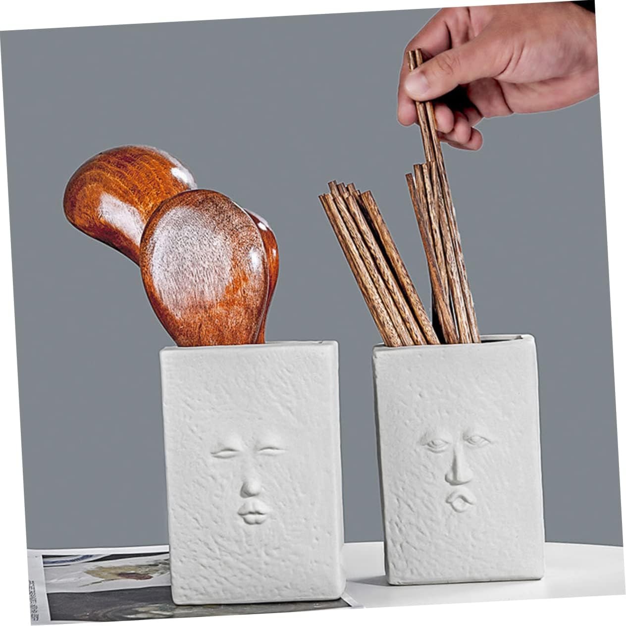 Ciieeo Ceramic Abstract Cutlery Holder for Kitchen Counter Unique Face Design Storage Organizer for Spoons Forks and Chopsticks Minimalist Nordic Style for Home Decor