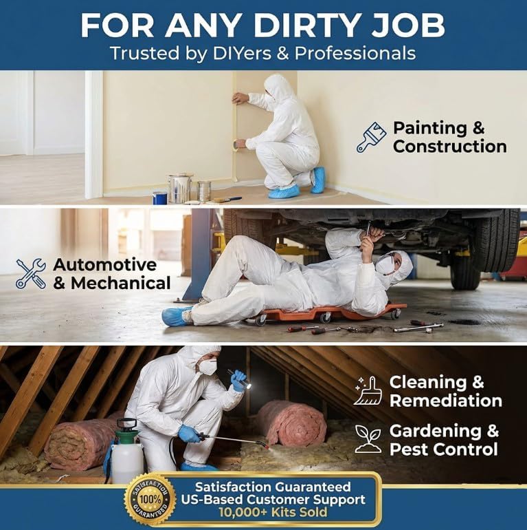 Disposable Hazmat Suit - 30 Pack + 30 Masks & 60 Booties – Breathable Mechanic Jumpsuit - 65GSM Waterproof Coveralls