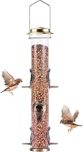 MIXXIDEA Metal Bird Feeder with 6 Feeding Ports, Bird Feeders for Outdoor Hanging, 16 inch Tube Bird Feeder with Steel Hanger & Hard Plastic, Attracting for Wild Birds (Bronze)