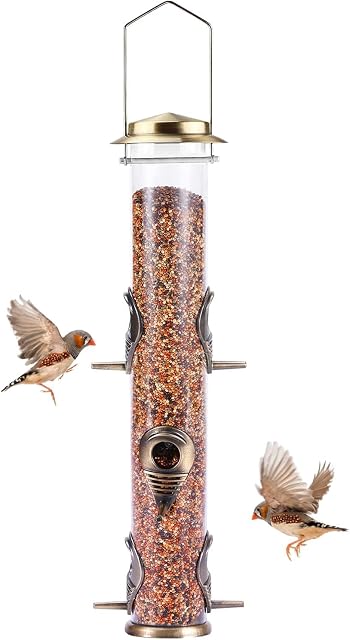 MIXXIDEA Alimentateur d'oiseaux métalliques avec 6 Ports d'alimentation, Oiseaux pour la suspension extérieure, 16 tube Bird Feeder avec cintre en acier & Plastique dur, Attirant pour les oiseaux sauvages (Bronze)