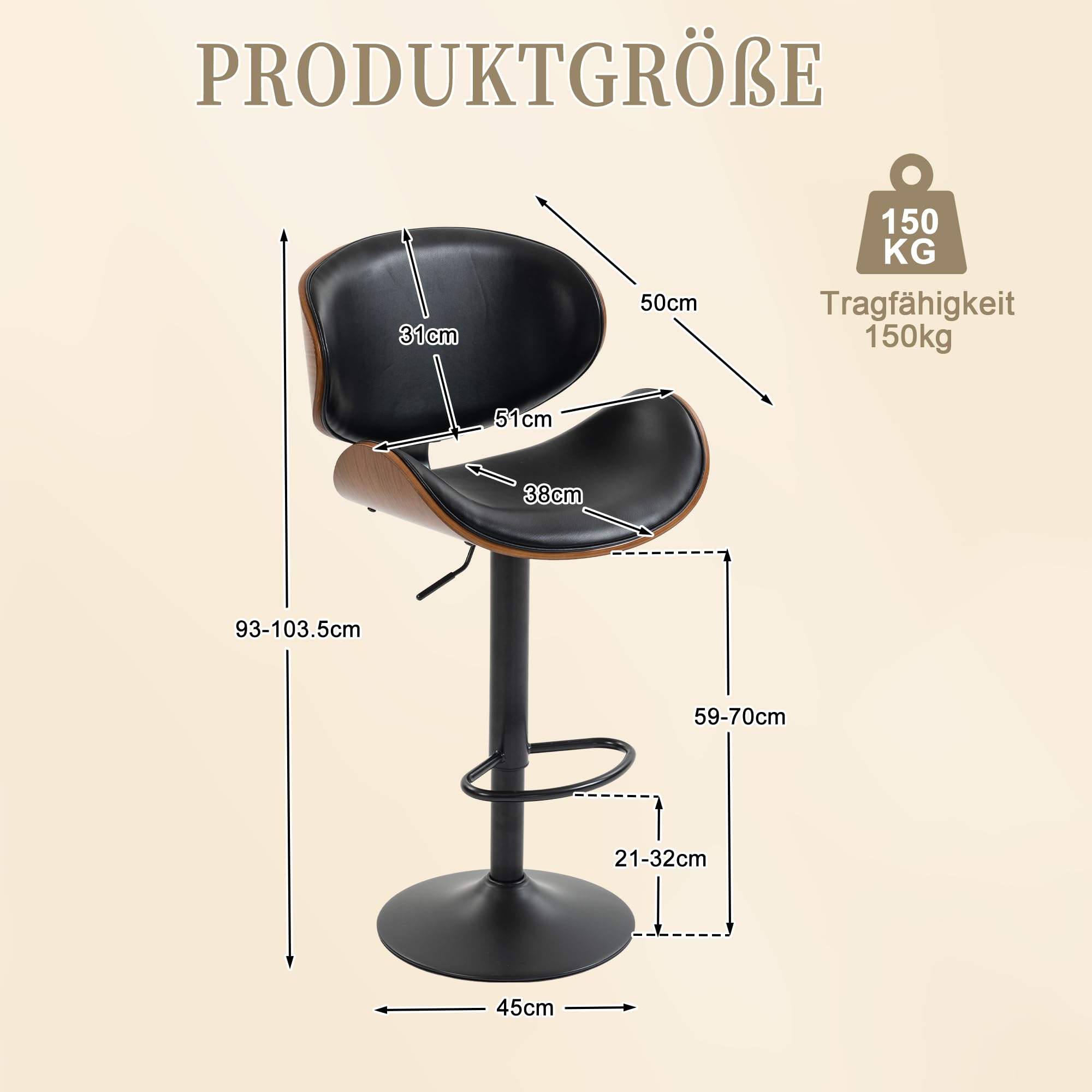 Set di 2 sgabelli da bar girevoli, regolabili in altezza, in legno curvo, con rivestimento in pelle PU, schienale ergonomico e poggiapiedi, per bar, isola cucina, colore: nero