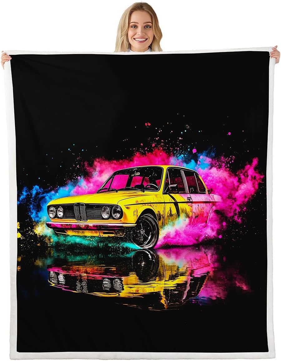 Retro Car Blanket Queen 90x90 Watercolor Tie Dye Blanket for Kids Teens Boys Cool Vintage Sports Car Sherpa Blanket Classical Car Bed Blanket Sofa Bed Couch Decor