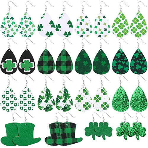 Boucles d'oreilles pendantes cuir trèfle larme vert irlandais bohème