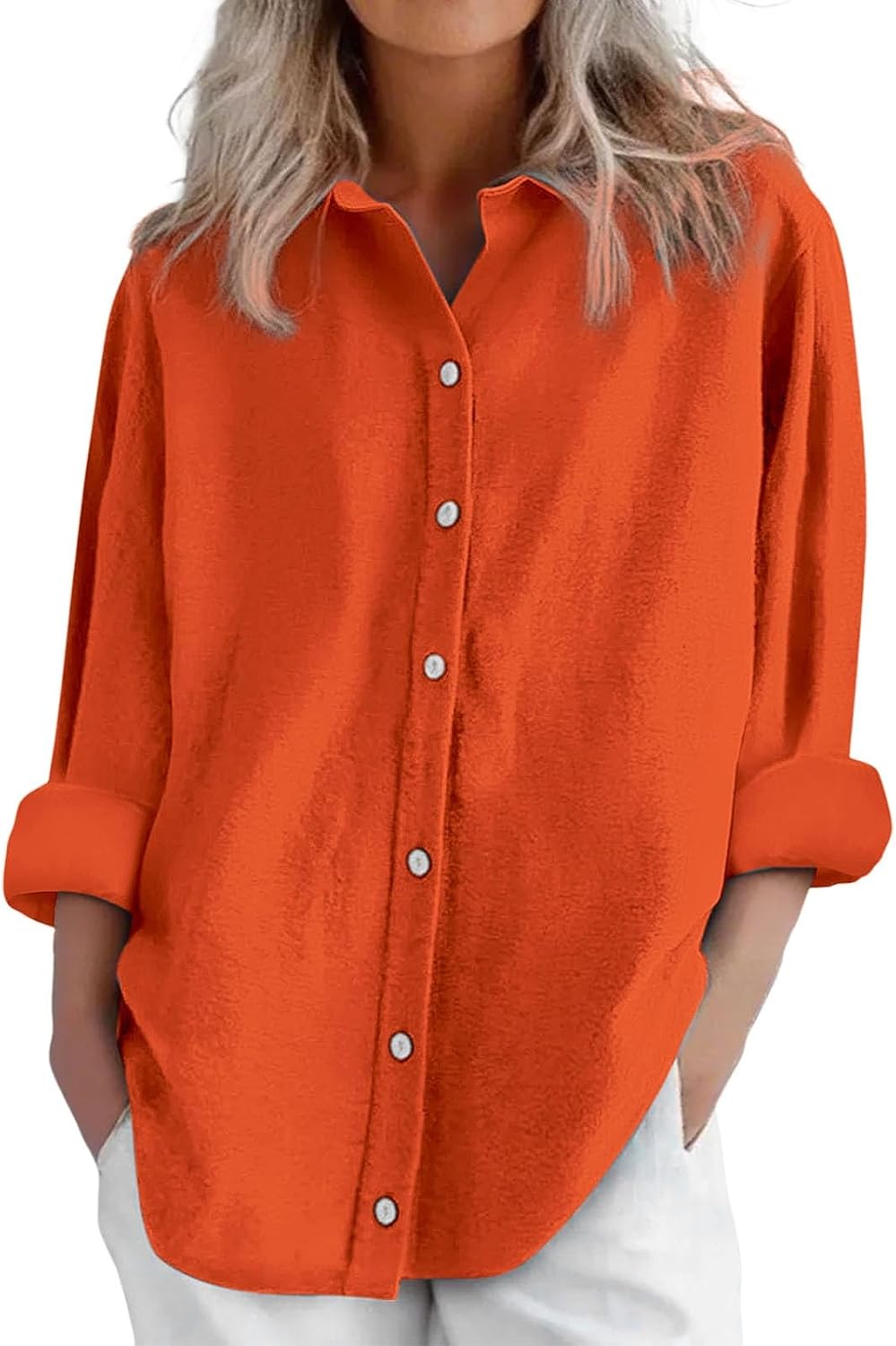 Women's Solid Collared Linen Shirts, 2025 Lightweight Summer Beach Tops, Long Sleeve Boho Button Down Casual Blouses