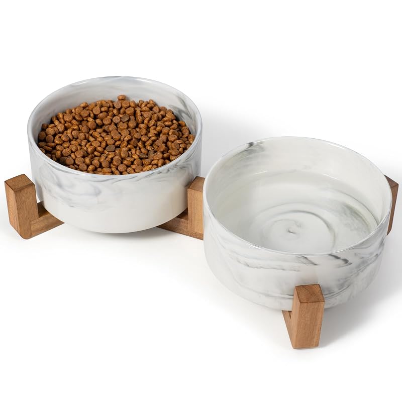 Tigelas para cães de cerâmica com suporte de madeira Leiyiida, 850 mL cada, conjunto com 2