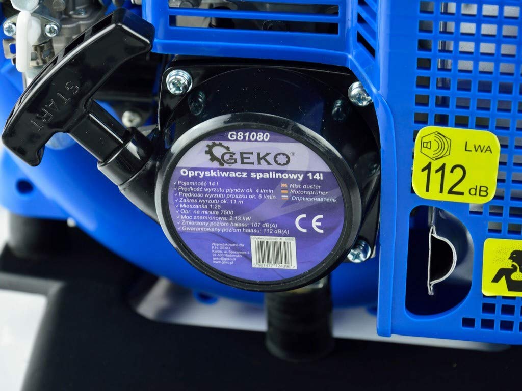 Product label on the Geko G81080 engine showing specifications.
