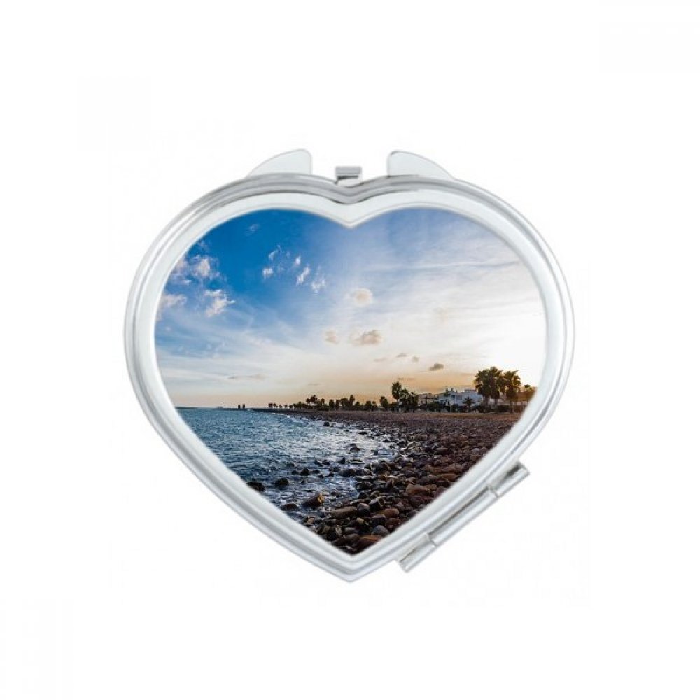 Miroir de poche de forme coeur motif océan et plage pour retouches maquillage portables