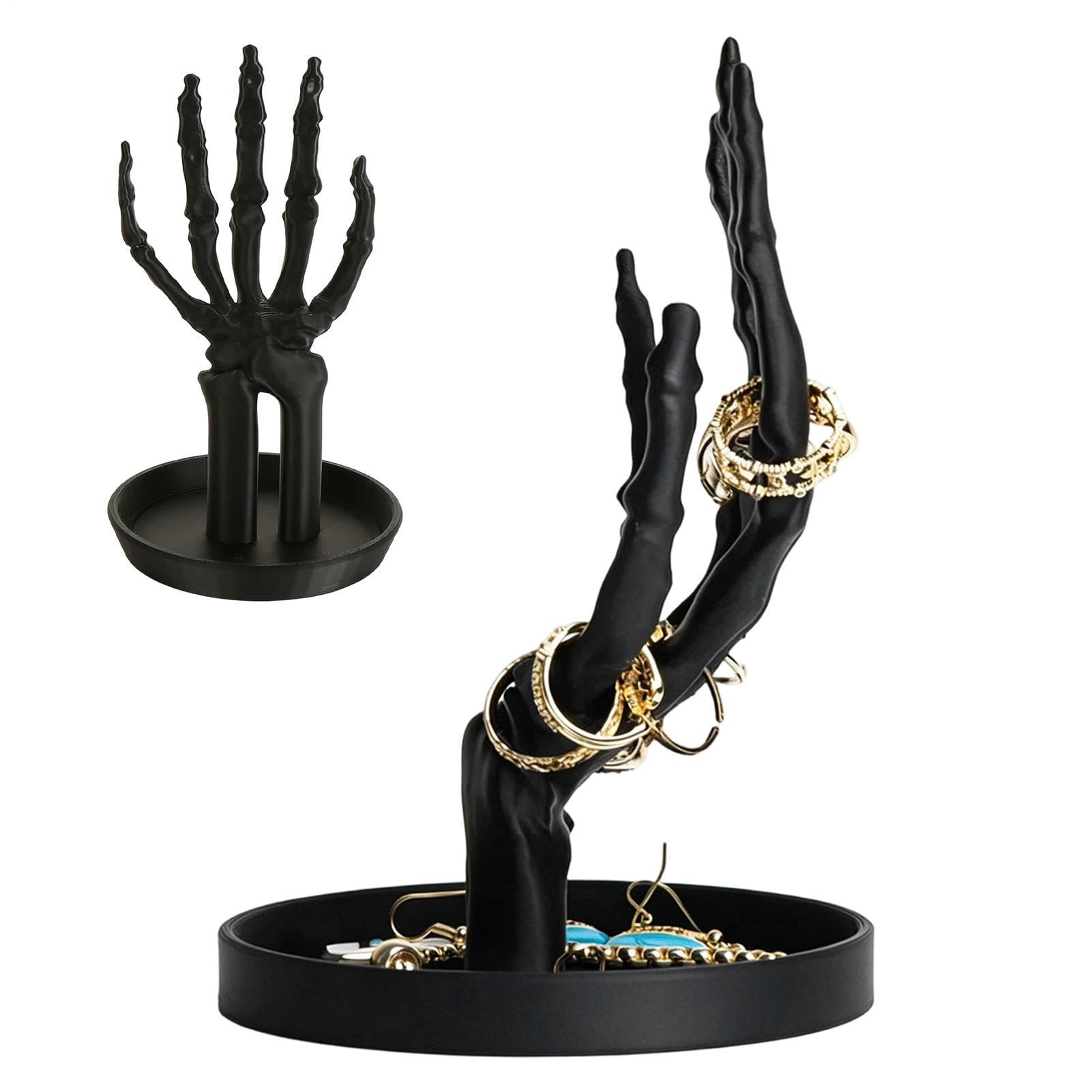 Plateau présentoir colliers main squelette pour décorer une table de chevet de chambre