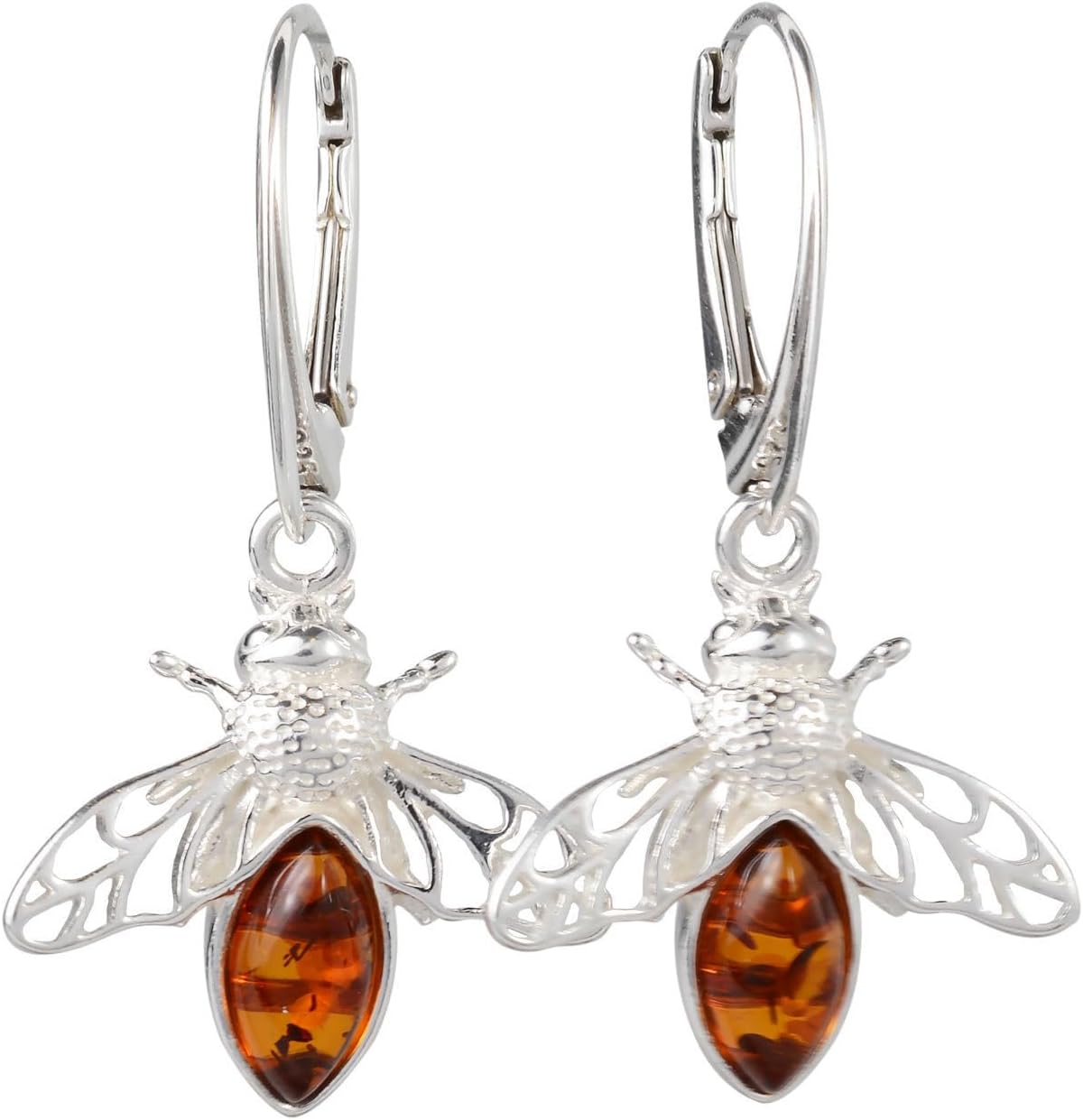 Amber Jewelry for Women - Sterling Silver and Baltic Honey Amber Bumble Bee Earrings, French Leverback Dangle Earrings, Statement Gemstone Earrings