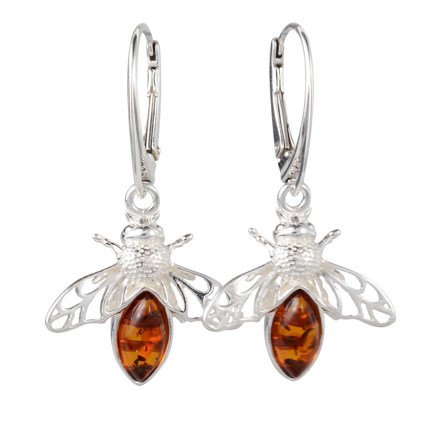 Sterling Silver and Baltic Honey Amber Bumble Bee Earrings for Women - French Leverback Dangle Earrings - Statement Gemstone Jewelry Collection