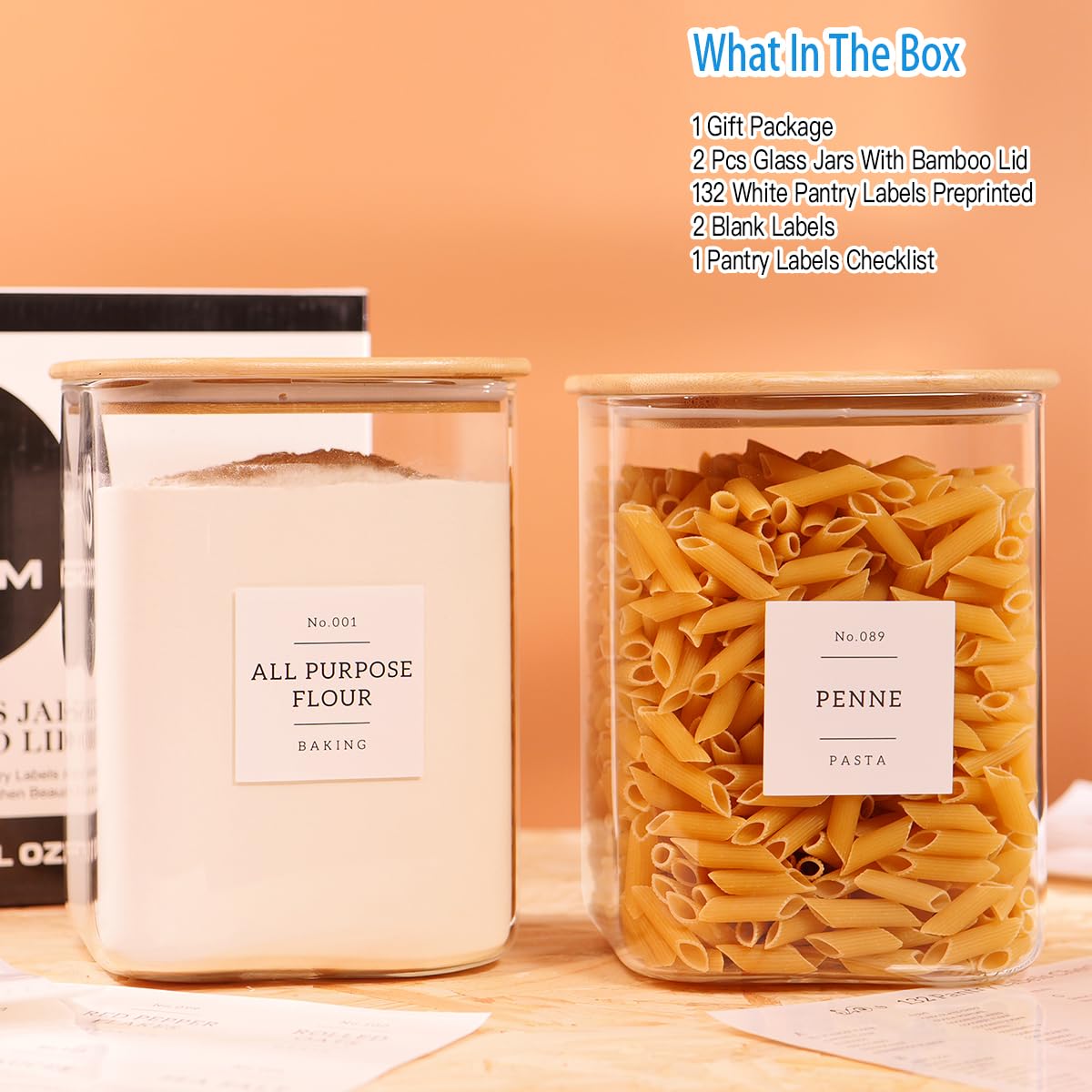 Confezione da 2 contenitori quadrati in vetro per farina e zucchero con 132 etichette da cucina – Barattoli grandi in vetro spesso 120 ml con coperchio ermetico in bambù – grandi contenitori per