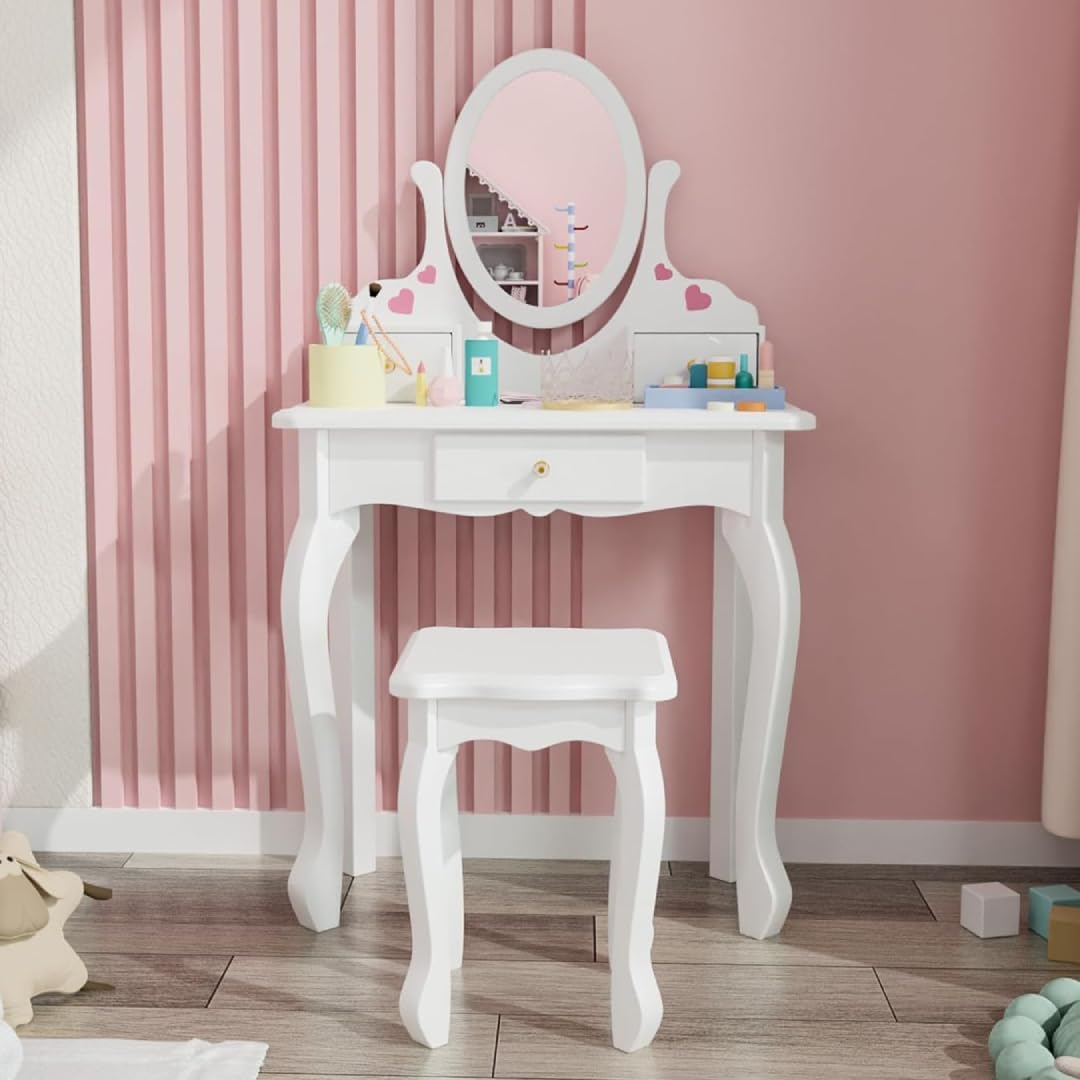 JOYMOR Kids Vanity Set with 3 Drawers and Real Mirror, Princess Vanity Table and Chair Set, Makeup Dressing Table with Rotatable Mirror for Girls