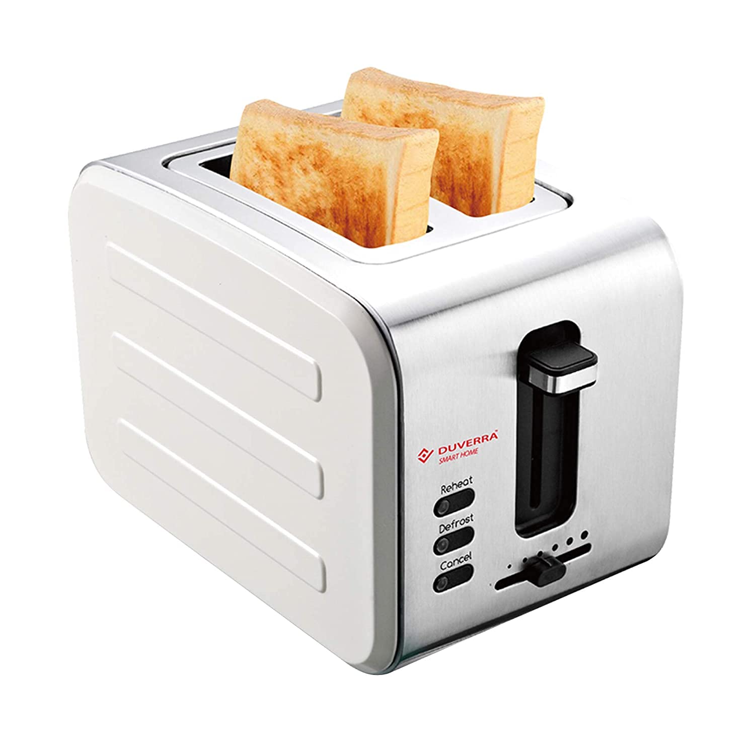 DUVERRA 900-Watt Stainless Steel Body 2 Slice Pop-up Toaster, Removable Crumb Tray, white