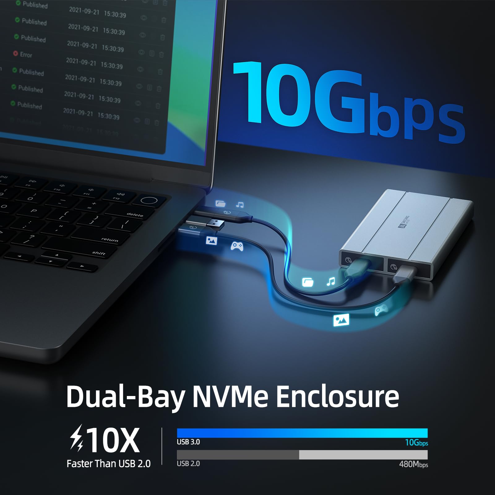 Custodia doppia NVMe, custodia SSD M.2 NVMe in alluminio da 10 Gbps | compatibile con SSD M.2 NVMe M-Key/B+M Key 2280/2260/2242/2230. Supporta UASP Trim, supporta fino a 2 SSD da 4 TB