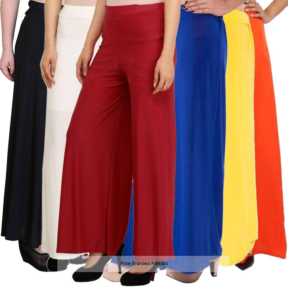 Pixie Casual Wear Pant Palazzo Combo (Pack of 6), (Black, White, Maroon, Blue, Yellow, Orange), Free Size