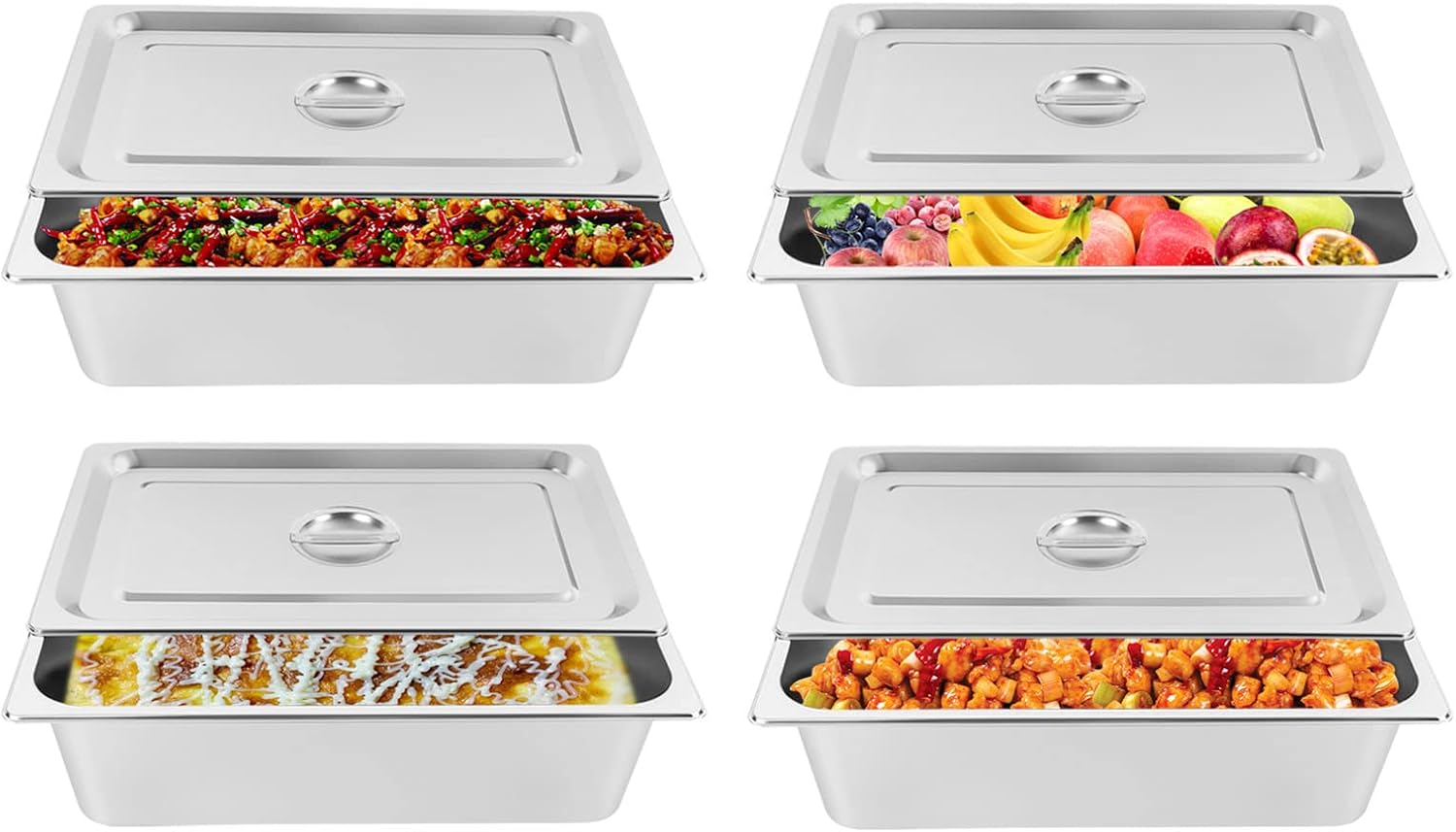 4 Pack Full Size Hotel Pans with Lids, 6-Inch Deep Steam Table Pan, Anti-Jamming Stainless Steel Pan for Home, Party, Hotel, Buffet