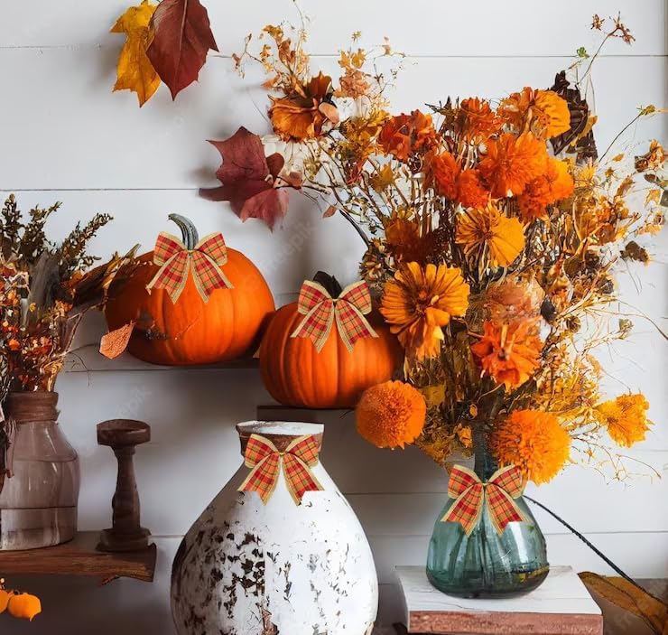 Miniatura 3 de ALIBBON 10 lazos de otoño para corona, lazos de corona de Acción de Gracias, lazos a cuadros de búfalo naranja, adornos de corona, decoración de