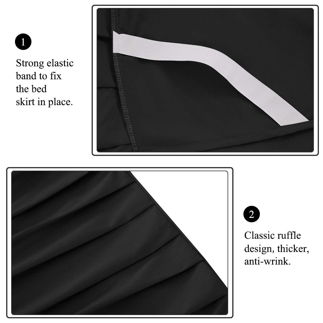 PiccoCasa - Gonna per letto con ruches in poliestere spazzolato di qualità hotel, durevole, resistente alle rughe e allo sbiadimento, per camera da letto, 45,5 cm, colore: Nero