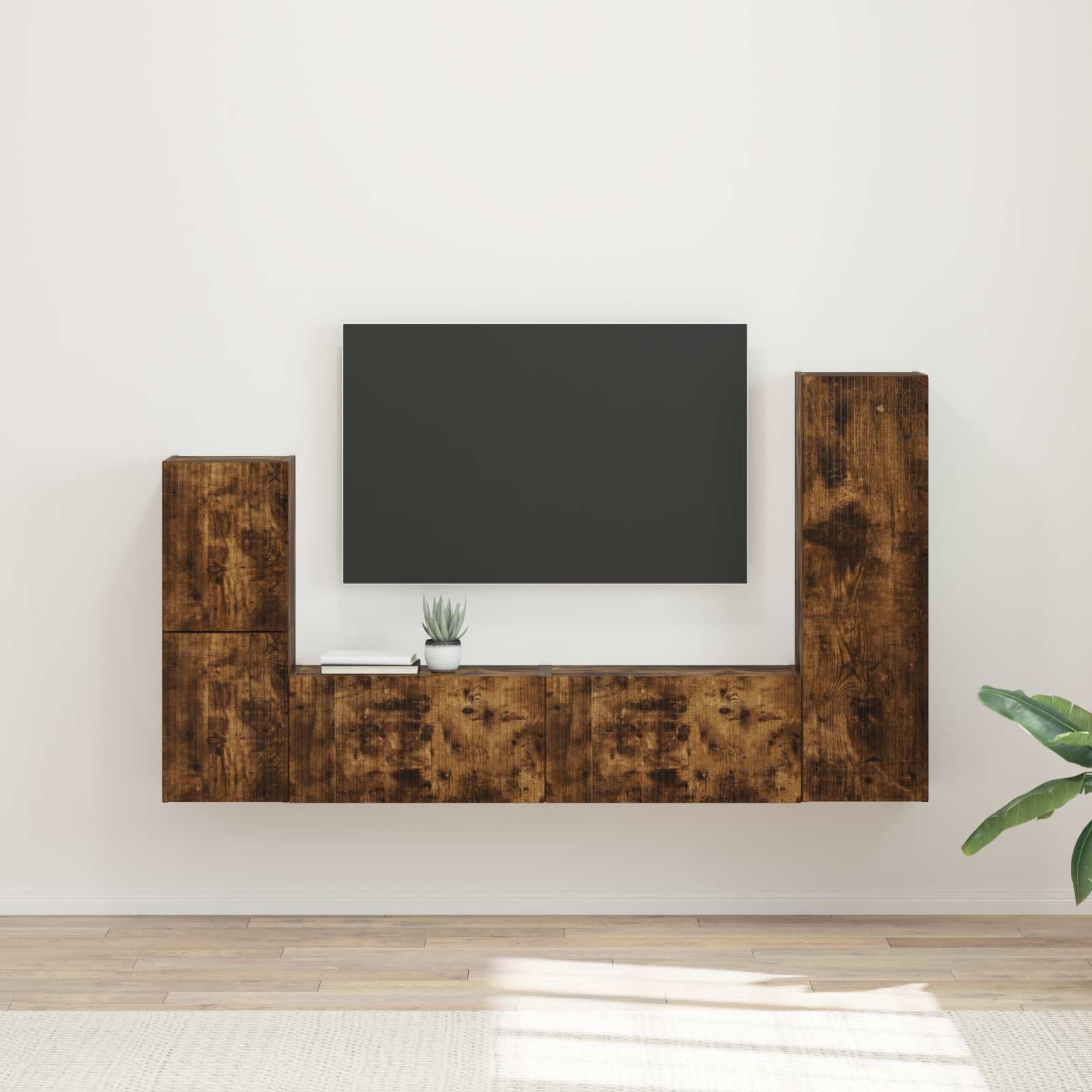 TV-Schrankset 4-teilig, Geräucherte Eiche Holzwerkstoff, Modernes Media-Center für Wohnzimmer, Wandmontage, Viel Stauraum