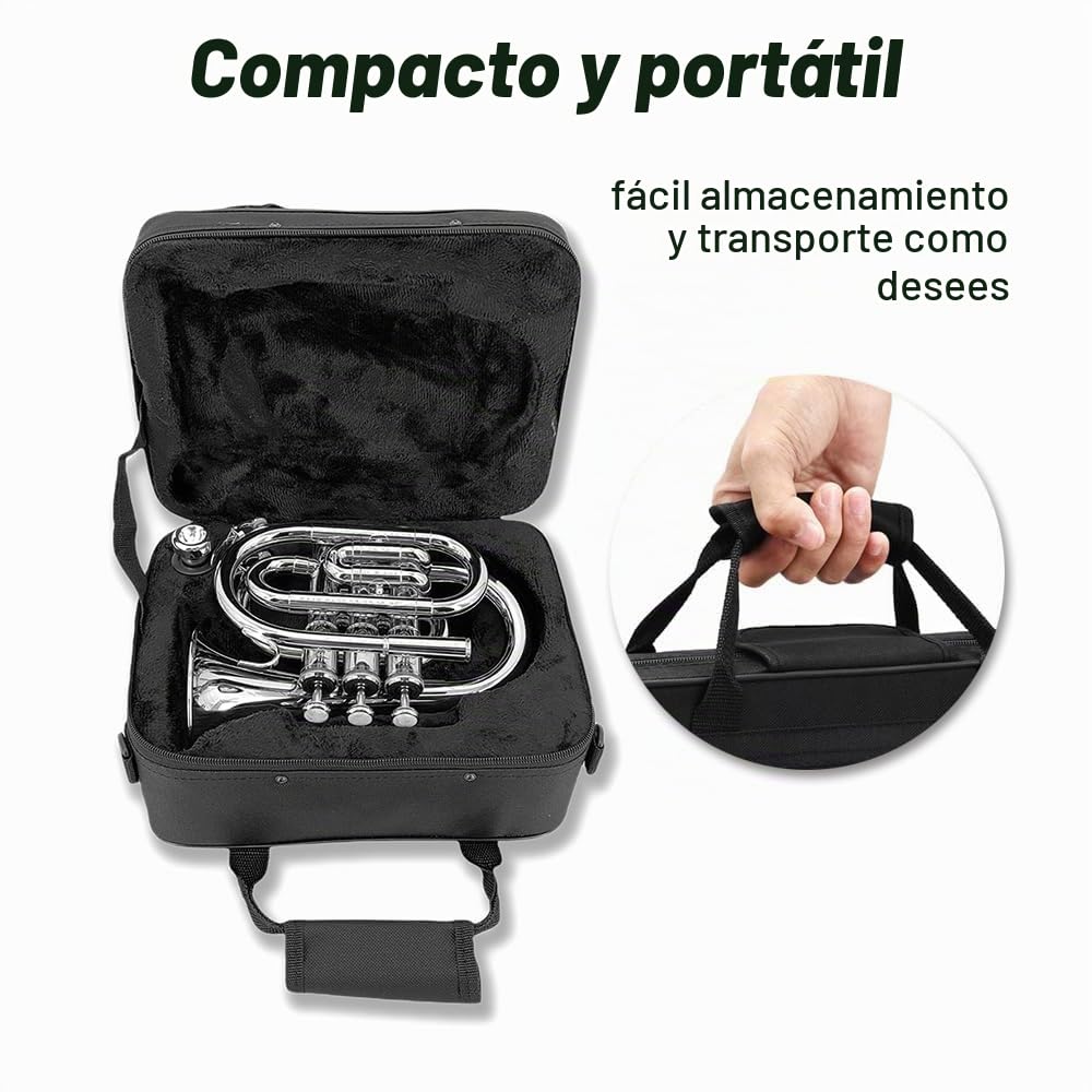 Trompeta de bolsillo de latón chapado en níquel con boquilla 7C, kit de limpieza, funda de transporte, guantes para principiantes/estudiantes (plata)