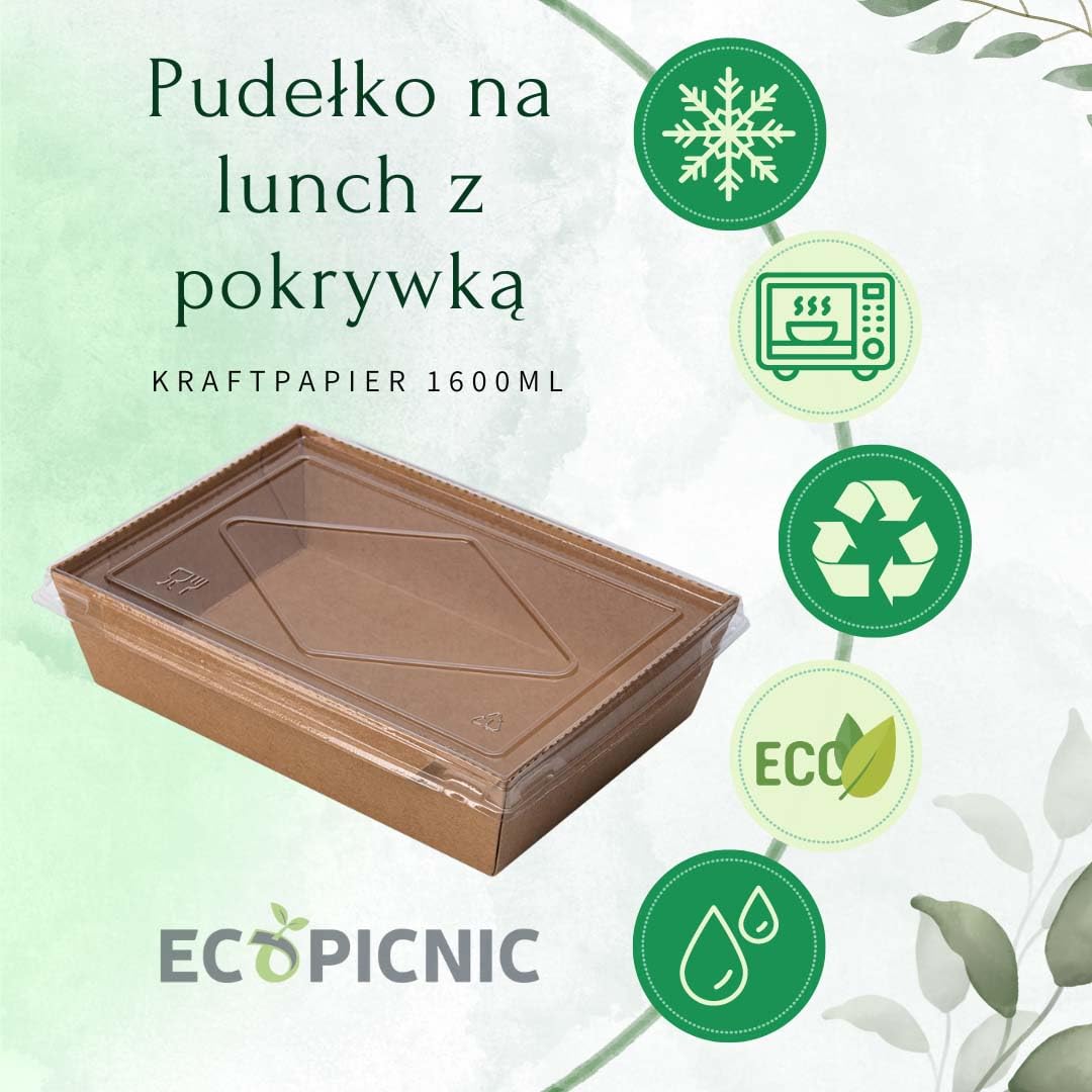 200 sztuk Kraftowych Pudełek Śniadaniowych z Przezroczystymi Wieczkami 1600 ml | Jednorazowe Pojemniki na Żywność Na Wynos, Ekologiczne Pudełka do Sałatek, Kanapek