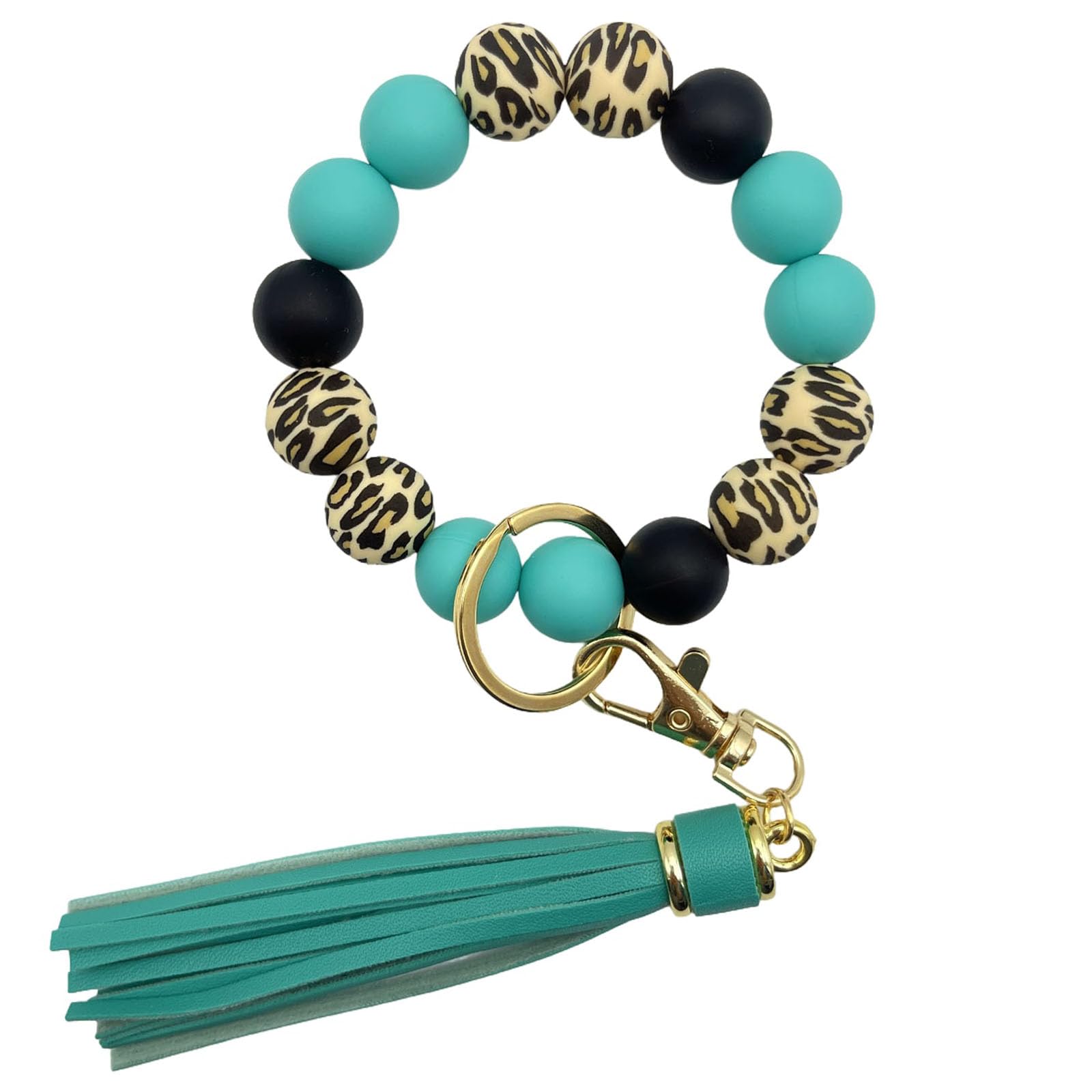 Leopard Silicone Beaded Wristlet Keychain, PU Tassel Bracelet Bangle Beads Car Keyring for Women,Wrist Key Chains, Turquoise, One Size