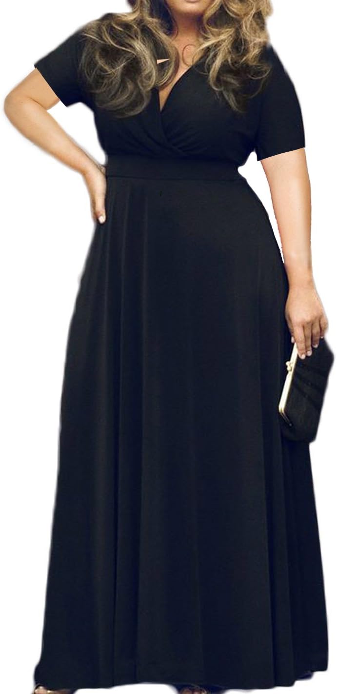POSESHE Women's Solid V-Neck Short Sleeve Plus Size Evening Party Maxi Dress