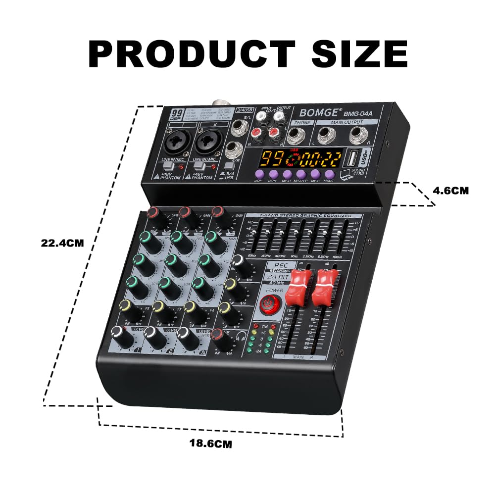 BOMGE Mezclador de audio 04A, consola de mezcla de placa de sonido profesional con USB/Bluetooth/computadora/mezclador de DJ de entrada estéreo de 4 canales, efecto Phantom Digital 99 DSP de 48 V para