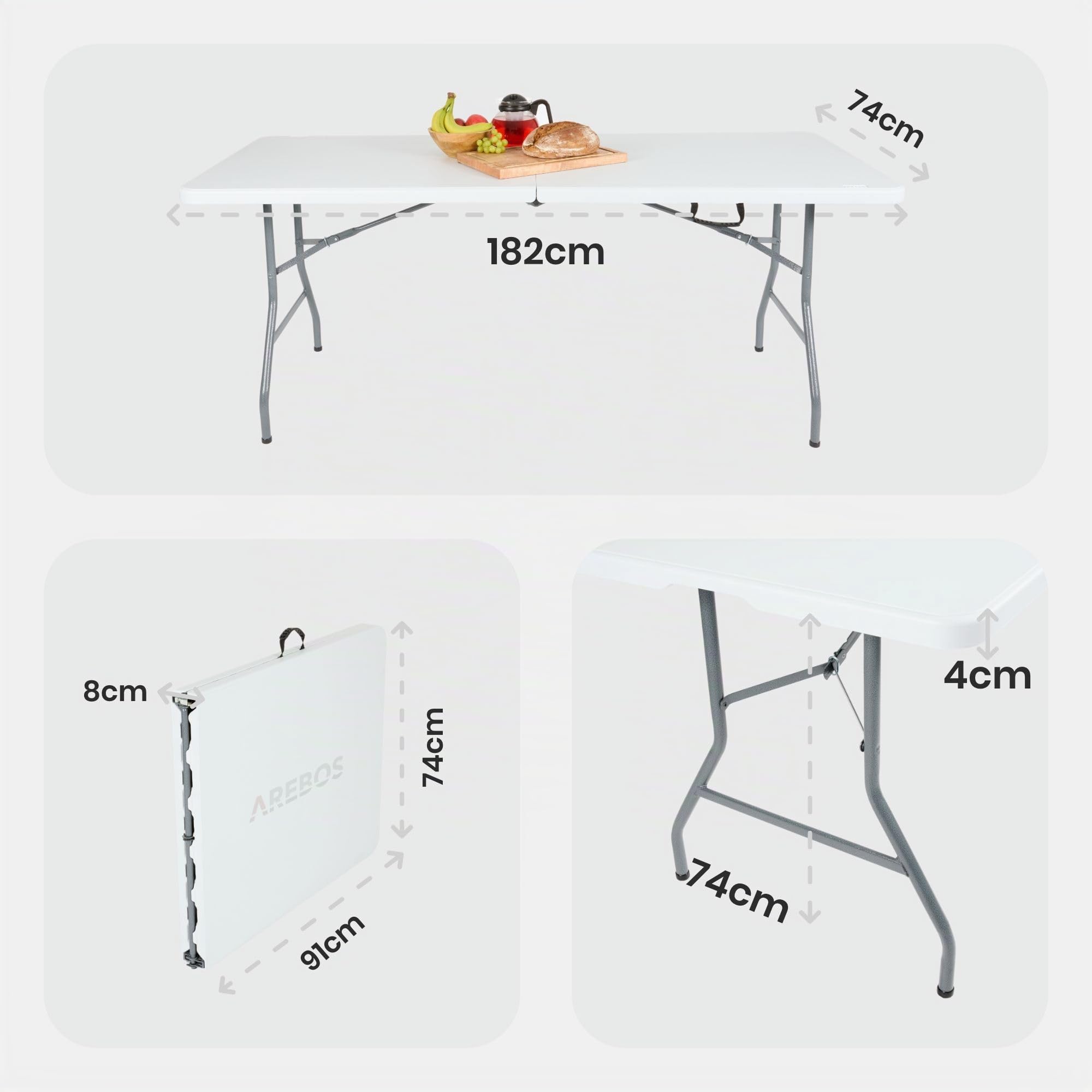 AREBOS Ensemble Table et bancs de Brasserie 3 pièces | Pliables avec poignée | pour intérieur et extérieur | Table de Camping | Blanc