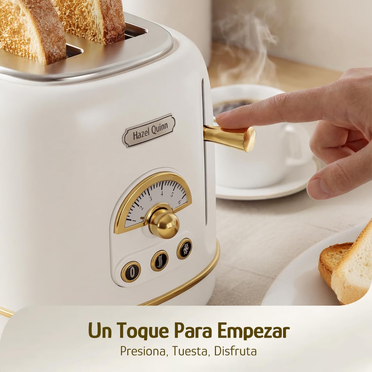 Hazel Quinn Tostadora Retro de 2 Rebanadas con Bandeja de Migas Desmontable, Ranuras Anchas de 3,8 cm, 6 Niveles de Tostado, Funciones Cancelar/Descongelar/Recalentar, Estilo Vintage, Blanco Perla